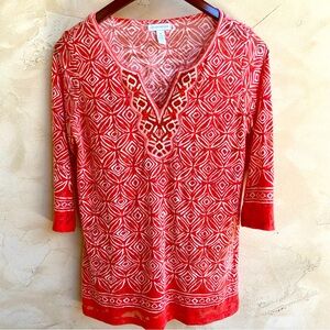 CHARTER CLUB Semi-Sheer Orange and White Beaded Tunic Top Women’s Size Medium